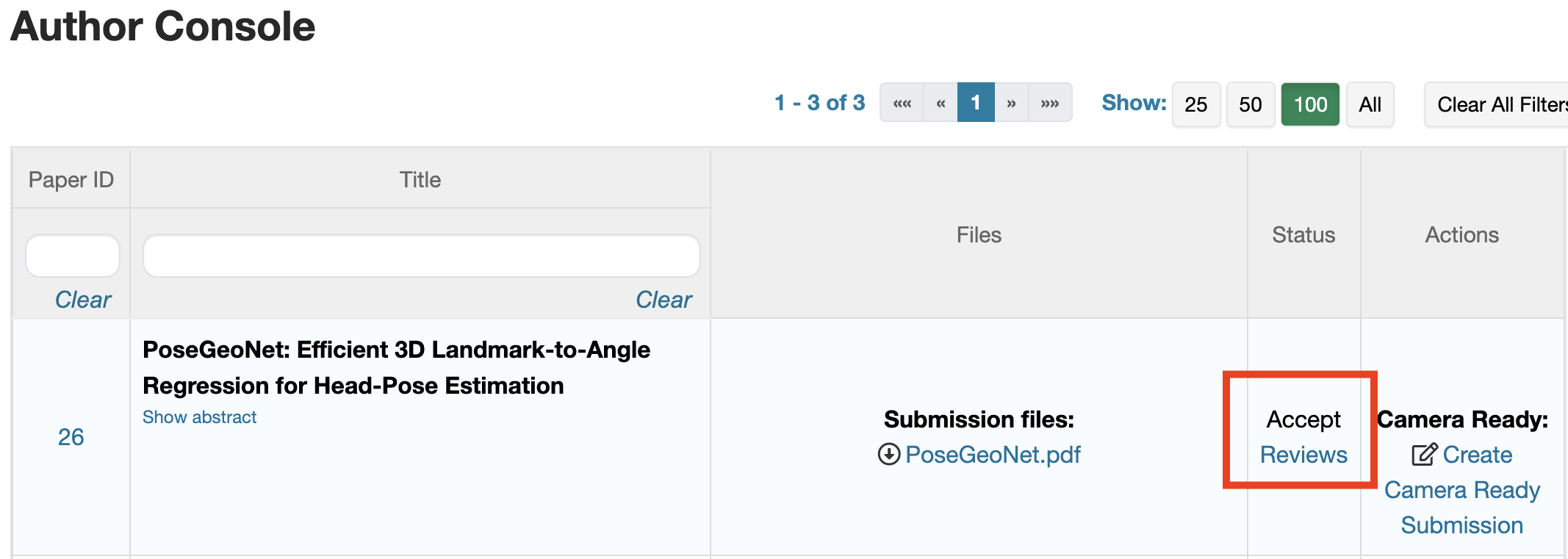 CMT Author Console — open your submission to view reviews and manage camera-ready files